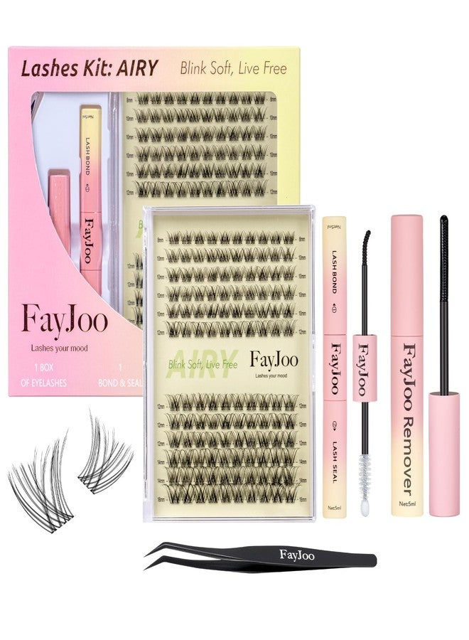 FayJoo Natural Wispy Soft Lash Clusters Kit with 0.05mm Invisible Band, C Curl 8-16mm, DIY Salon Eyelash Extensions with Bond Seal Remover Tweezer, FayJoo AIRY 11 Kit - Image 1